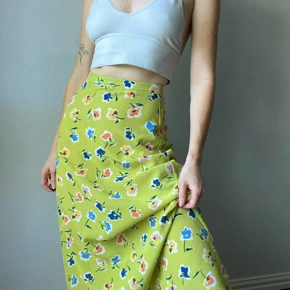 Vintage Lime Green Floral Print High Waist Maxi Slip Skirt - Picture 5 of 6